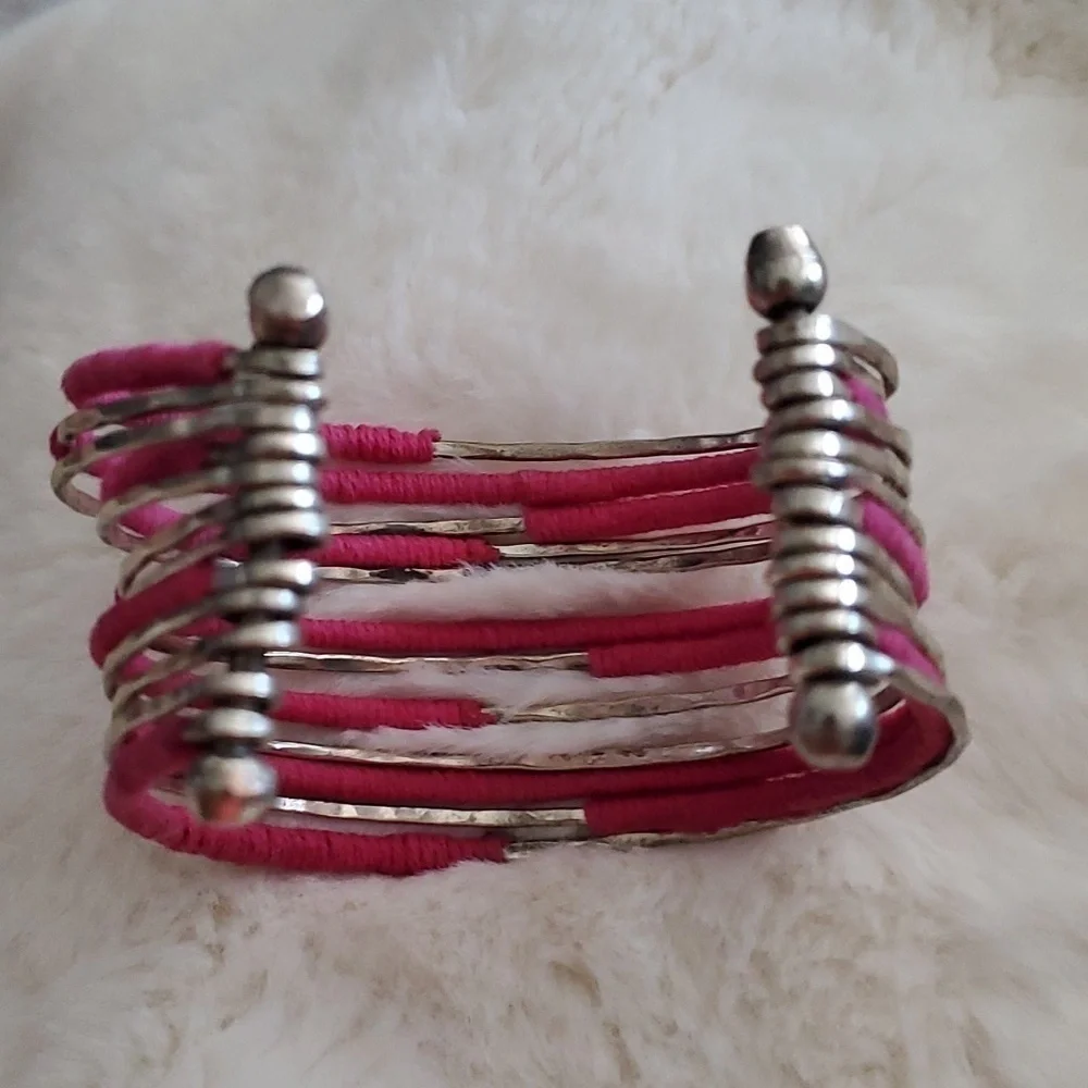 HOT PINK SILVER TONE MULTI STRAND CUFF BRACELET